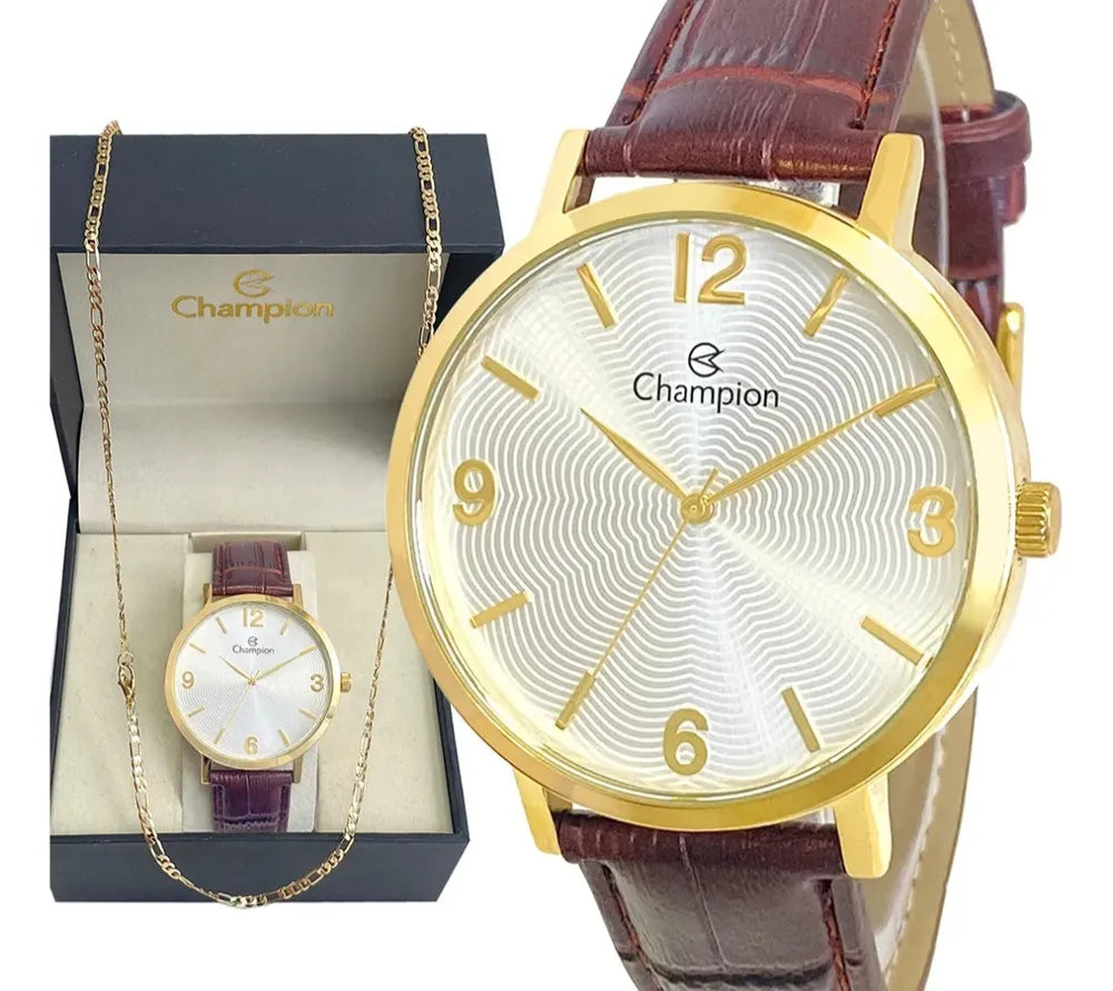 Relógio Champion Masculino Dourado e Couro Marrom