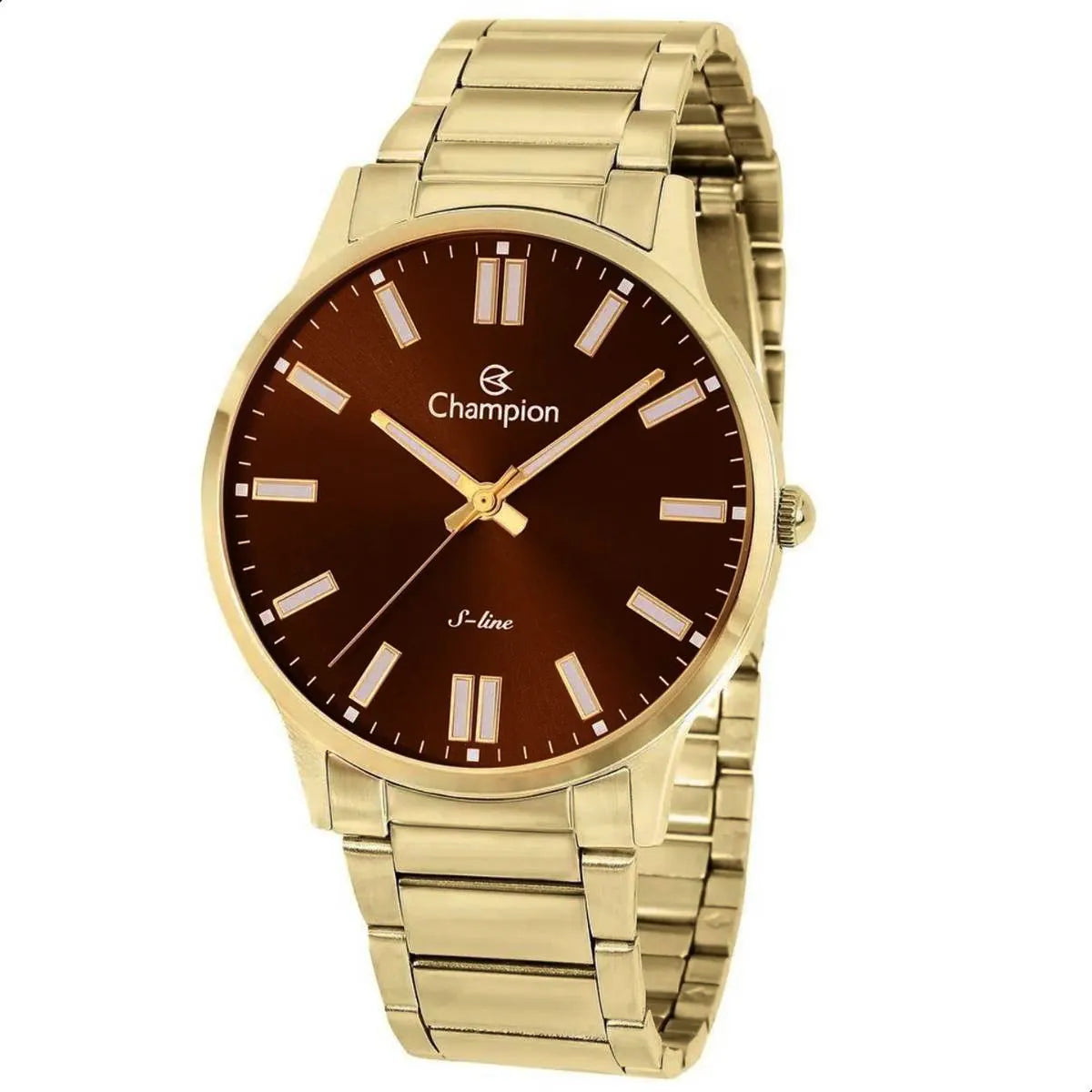 Relógio Champion Masculino Slim Dourado Fundo Marrom