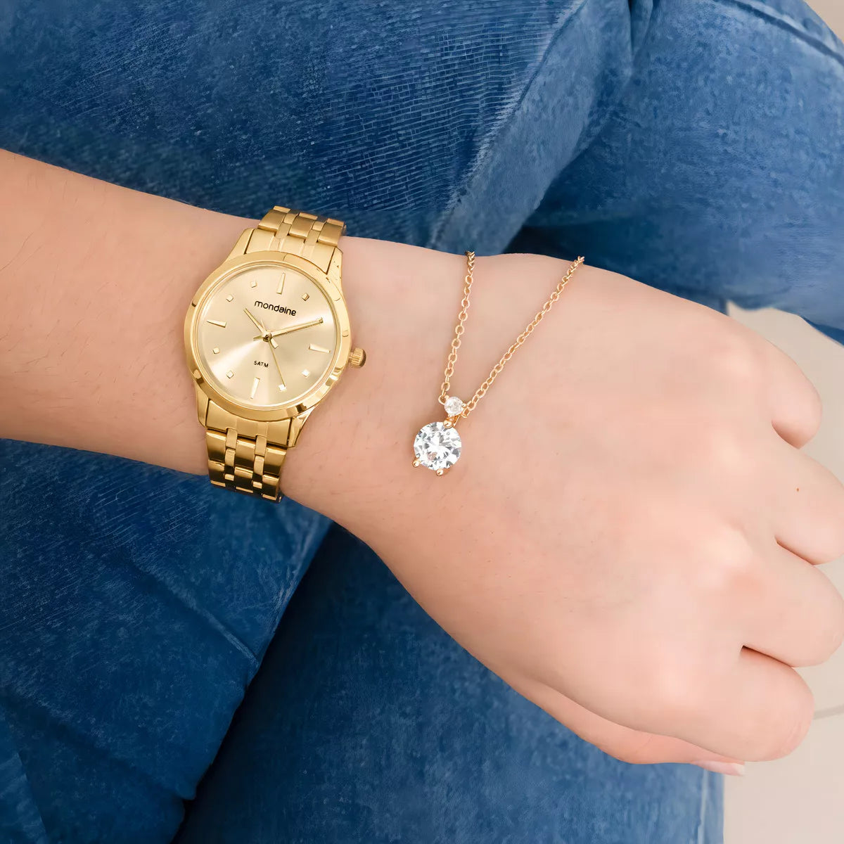Kit Relógio Mondaine Feminino Dourado + Colar e Brincos