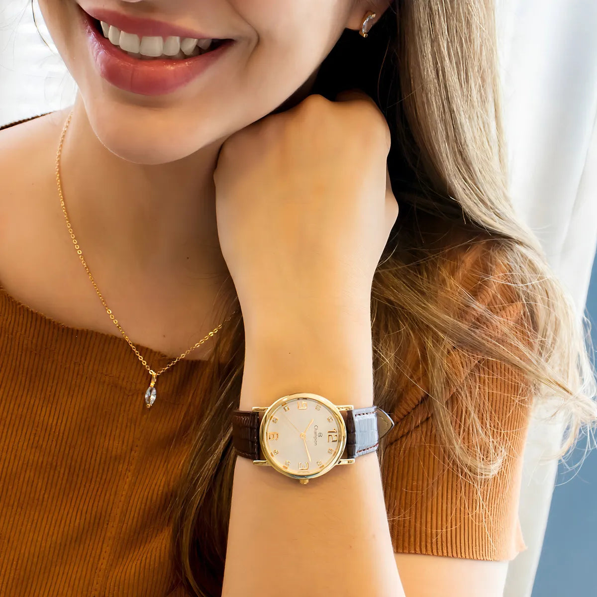 Relógio Feminino Champion Couro Marrom Kit Colar E Brincos