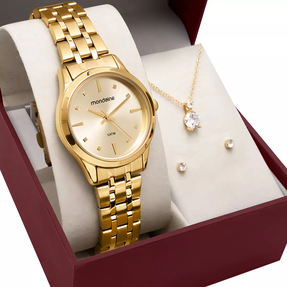 Kit Relógio Mondaine  Feminino Dourado + Colar e Brincos