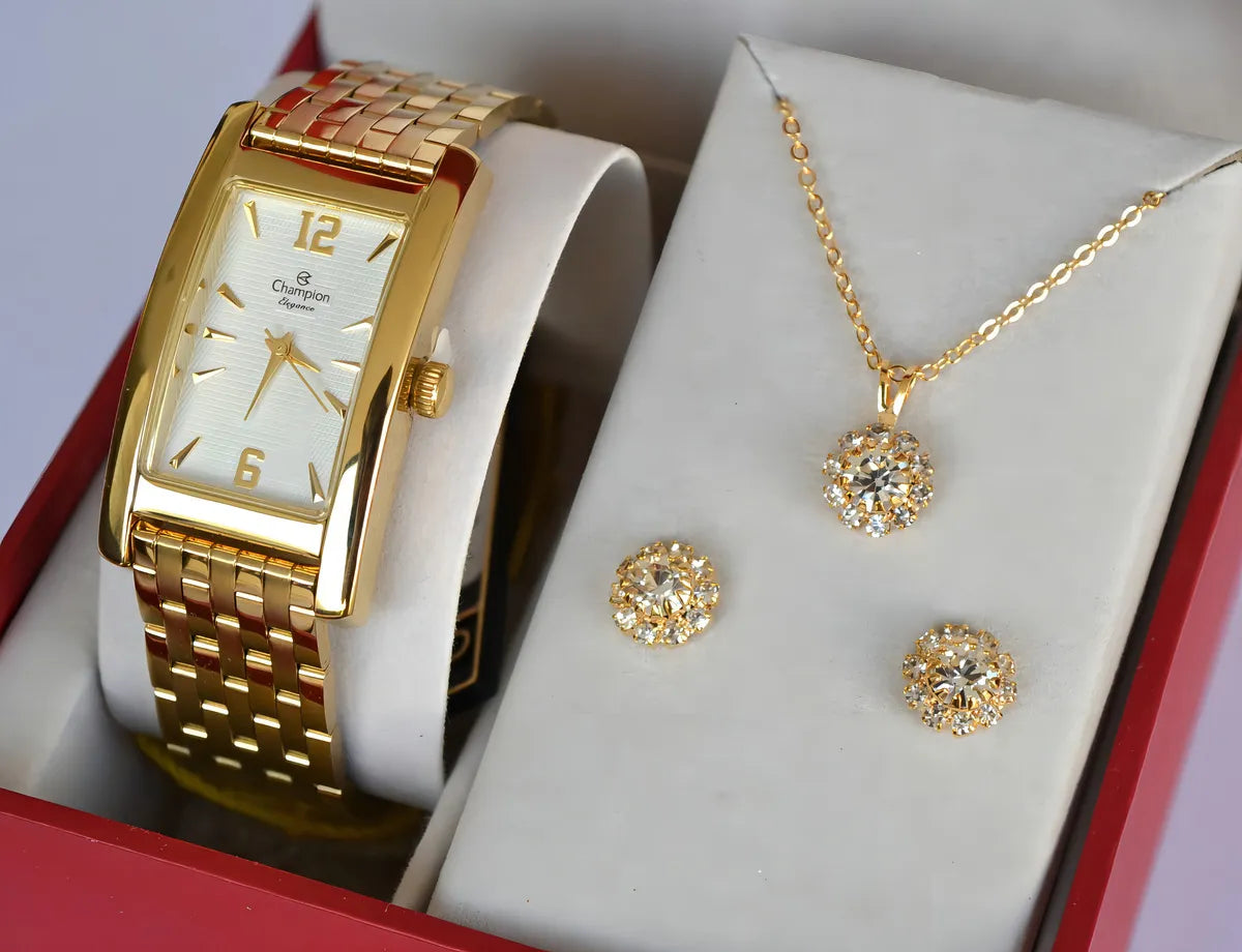 Kit Relogio Champion Feminino Quadrado
