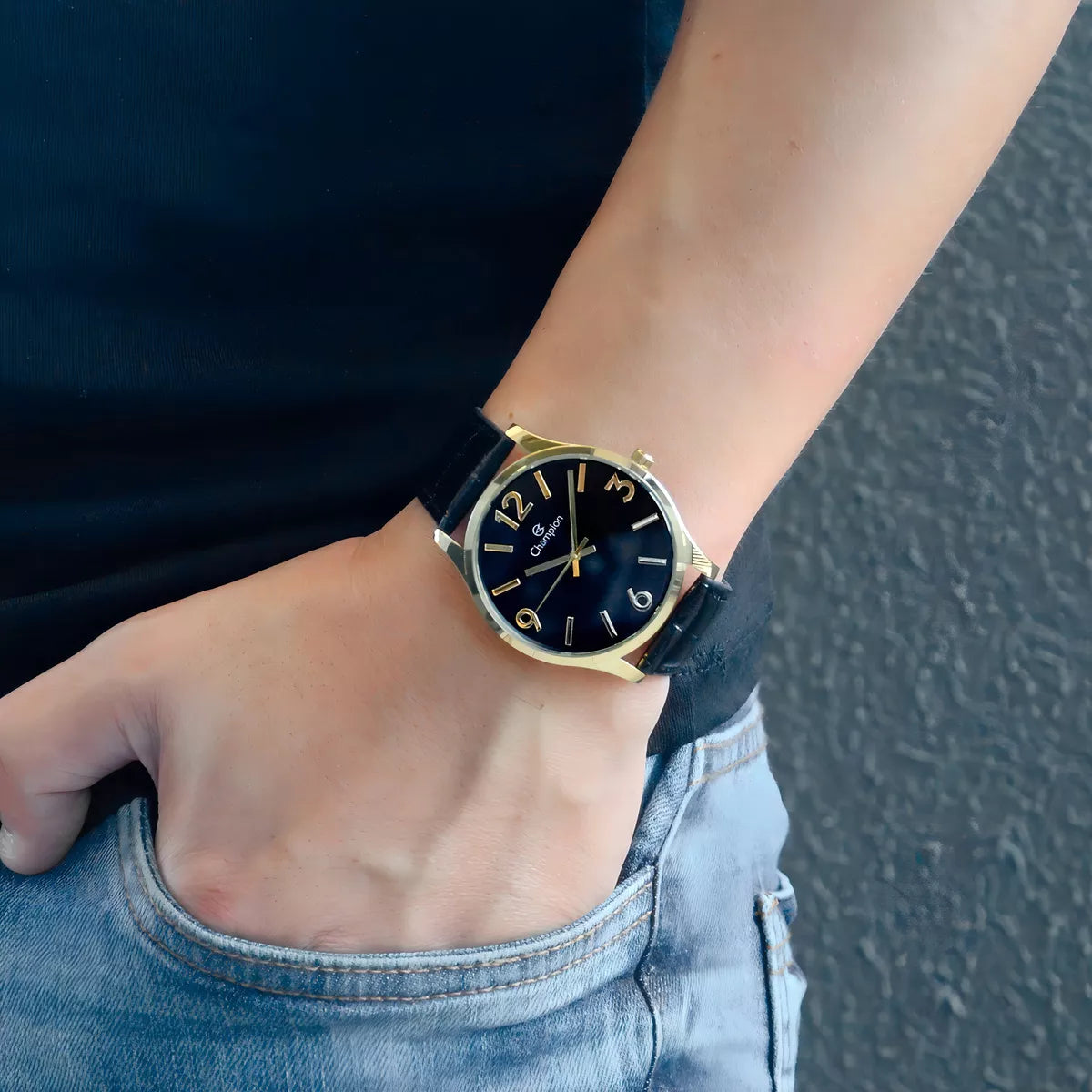 Relógio Champion Masculino Dourado Pulseira Couro + Pulseira em Couro