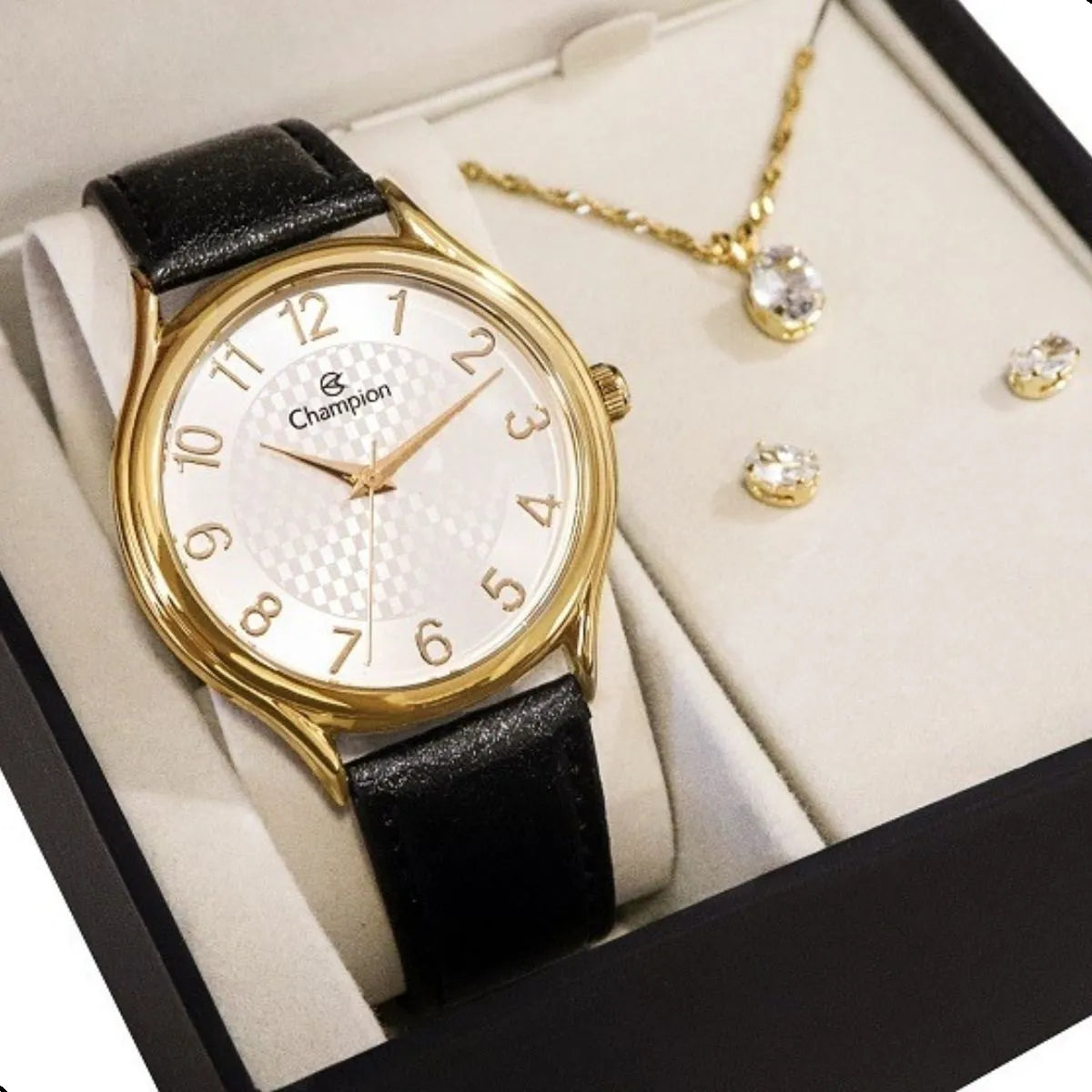 Kit Relógio Champion Feminino Couro Colar e Brincos Preto