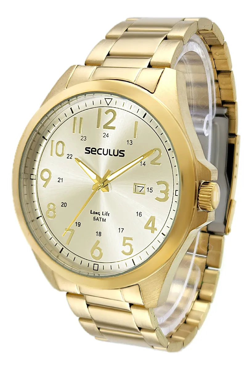 Relógio Seculus Masculino Dourado Fundo Branco