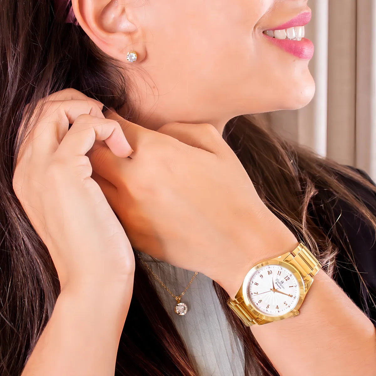 Kit Relógio Champion Feminino  Colar e Brincos