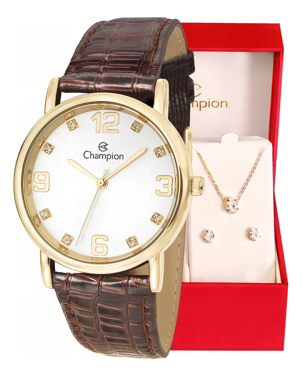 Relógio Feminino Champion Couro Marrom Kit Colar E Brincos