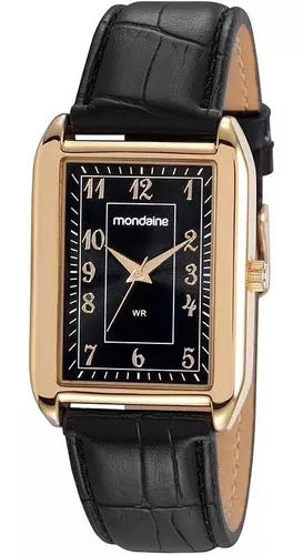 Relógio Mondaine Masculino Quadrado Couro Fundo Preto
