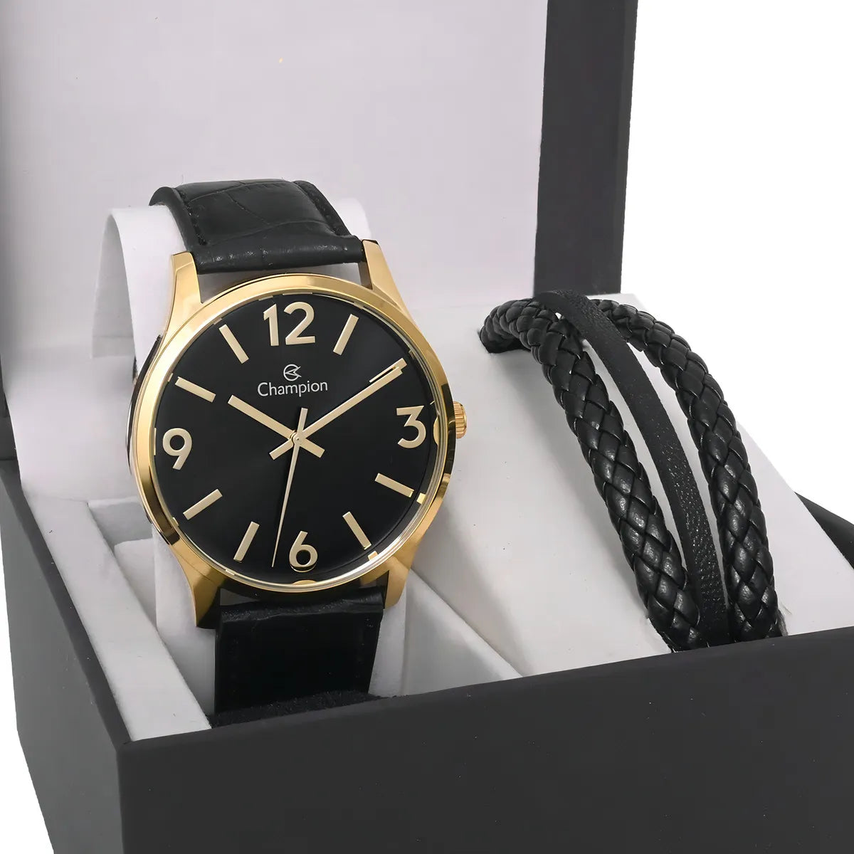 Relógio Champion Masculino Dourado Pulseira Couro + Pulseira em Couro