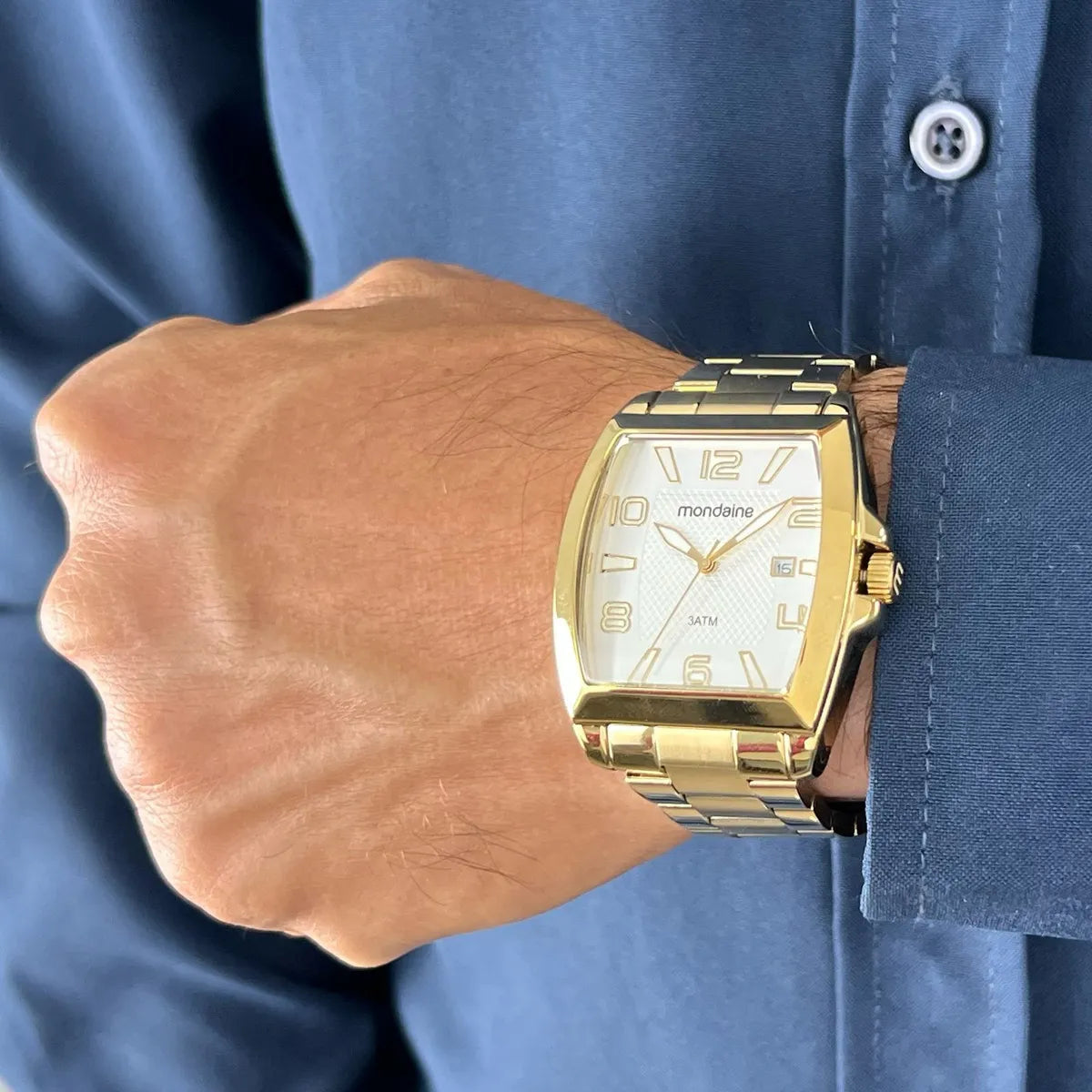 Relógio Mondaine Masculino Dourado Casual Quadrado Original Cor do fundo Branco