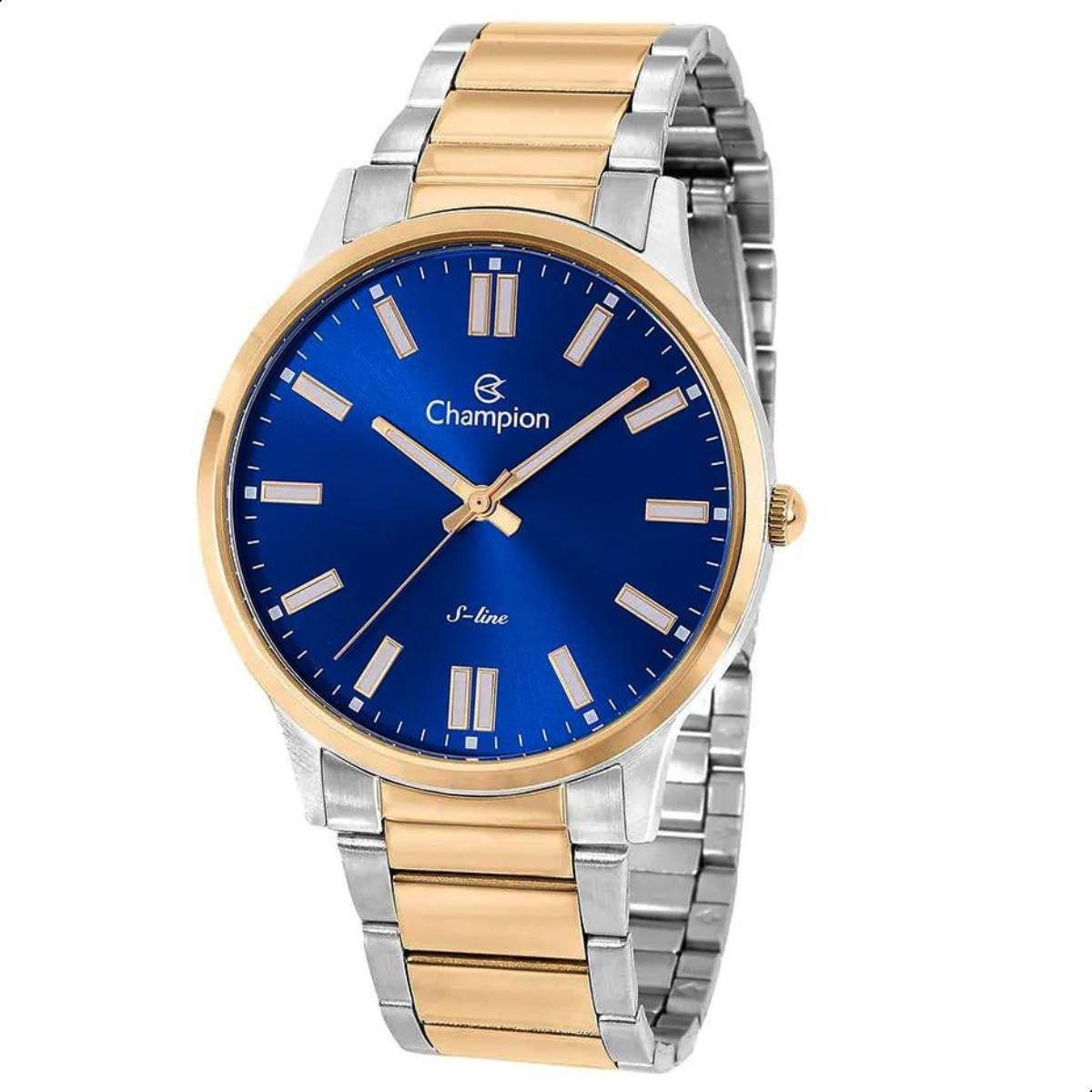 Relógio Champion Masculino  Slim Prata e Dourado Fundo Azul