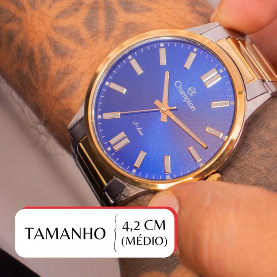 Relógio Champion Masculino  Slim Prata e Dourado Fundo Azul